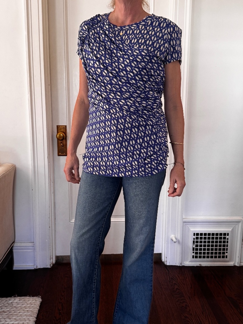 Isabel Marant Etoile draped ikat blue and white silk top size 3